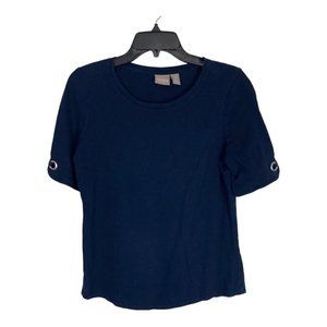 Chicos Womens Shirt Adult Size 0=Small Blue Short Sleeve Silver Detail Blouse